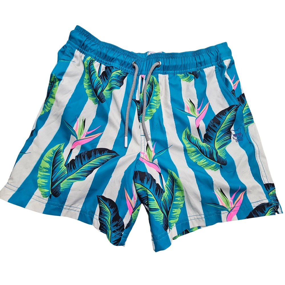 Party Pants Mens Small Blue White Striped‎ Tropical Bird of Paradise Swim Trunks